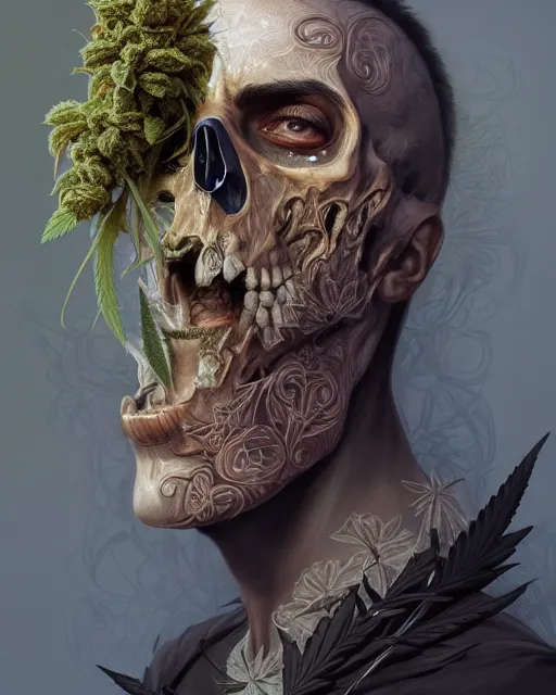 Image similar to portrait of grim reaper, burning face, upper body, decorated with cannabis flowers, intricate, elegant, highly detailed, digital painting, artstation, concept art, smooth, sharp focus, illustration, art by artgerm and greg rutkowski and alphonse mucha, 8 k