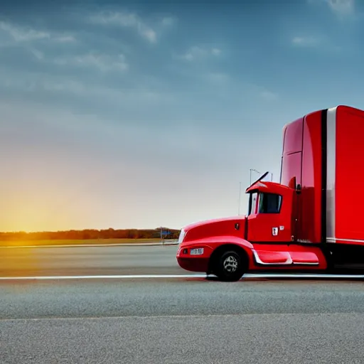 Prompt: an American style fuel transport truck on an interstate highway, high contrast, golden hour, photo from a company website