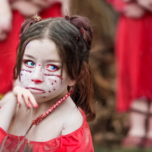 Image similar to a young evil little girl with red eyes during a pagan ceremony