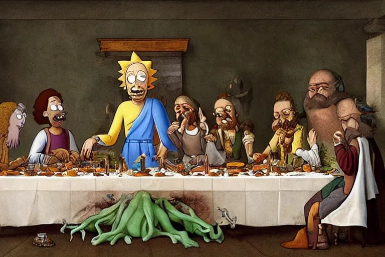 Prompt: rick and morty characters having the last supper by Leonardo da Vinci