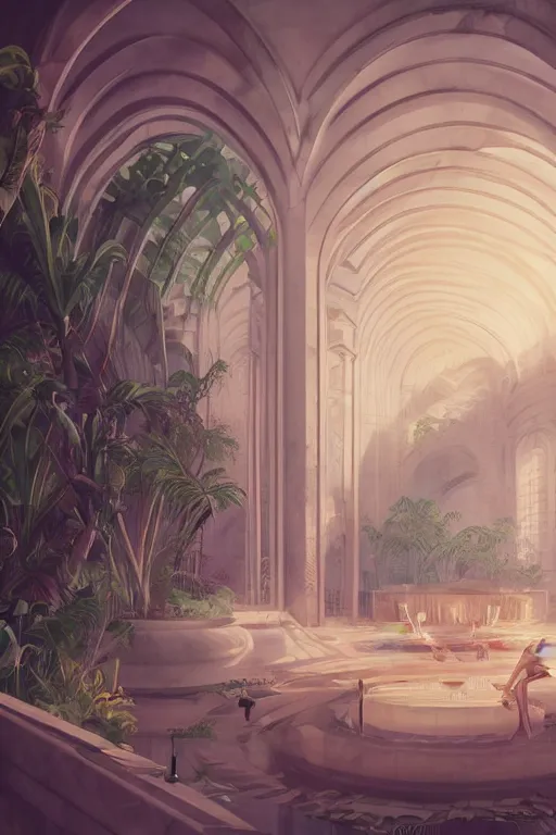 Image similar to detailed interior of a vaporwave pool, white marble walls, palm vegetation, light shafts, stunning atmosphere, in style of peter mohrbacher, cinematic lighting, high detail, cinematic feel