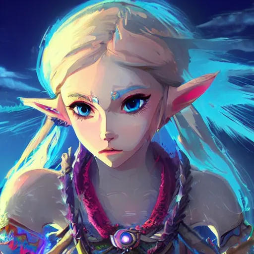 Prompt: kerli koiv in the art style of zelda breath of the wild, dramatic lighting, digital art, intricate, highly detailed, matte painting, fine art