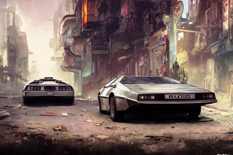 Image similar to photograph of the delorean, with a sleek spoiler, driving down the streets of a cyberpunk abandoned city, by greg rutkowski, by stanley artgerm, by alphonse mucha