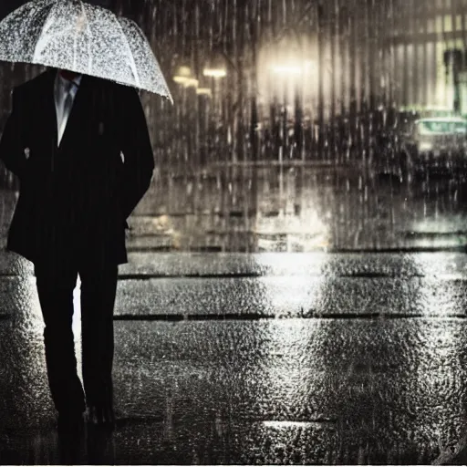 Prompt: noir detective with rain in the background bokeh