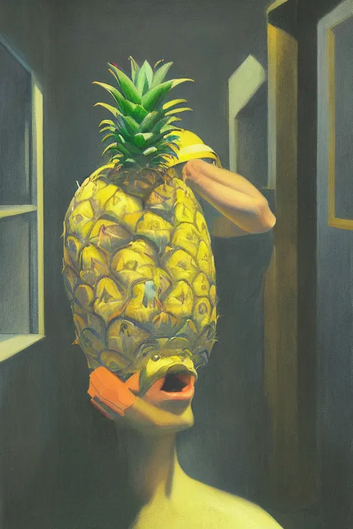 Image similar to Plumber wearing oculus and pineapple over his head, Edward Hopper and James Gilleard, Zdzislaw Beksisnski, highly detailed