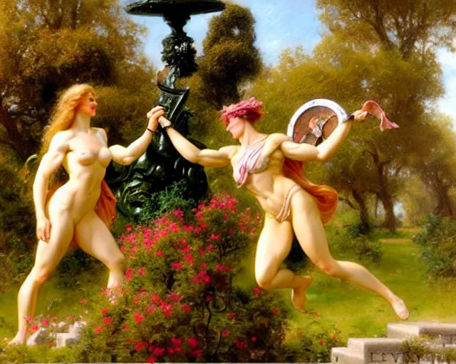 Prompt: muscular athena and muscular goddess frolic in a meadow of beautiful flowers, large topiary and marble pillars in the background, painting by gaston bussiere, craig mullins, j. c. leyendecker, tom of finland