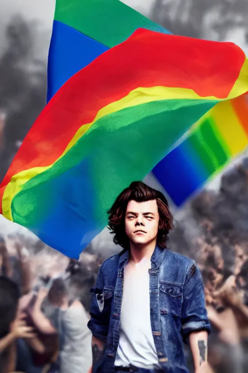 Prompt: Harry Styles burning a pride flag, high detail, volumetric lighting, trending on ArtStation, octane render