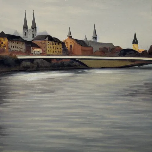 Image similar to very abstract painting of the rhine in basel, very rough brush strokes, oil on canvas, muted greyscale colors, great composition