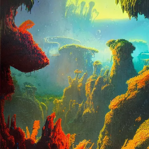 Prompt: detailed illustration of a lush natural scene on an alien planet by paul lehr. beautiful landscape. weird vegetation. cliffs and water.