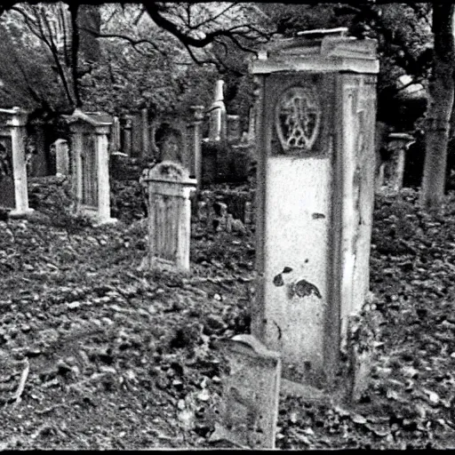 Prompt: cctv security cam grainy black and white footage of baron samedi in an overgrown graveyard