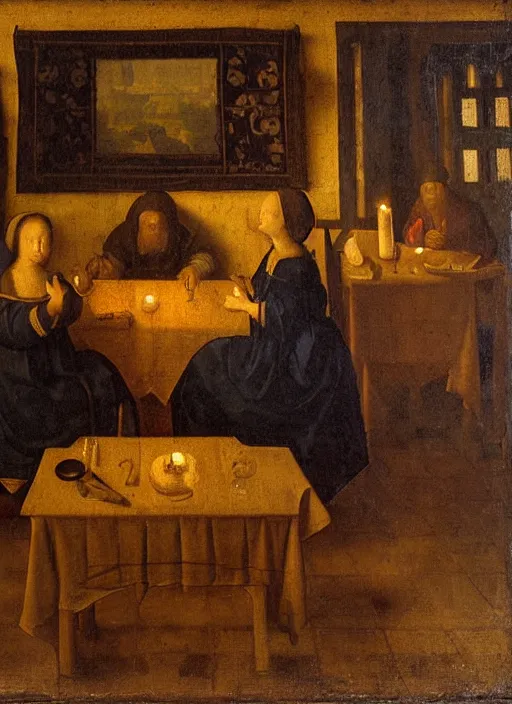 Image similar to a candlelit table at the inn, two people sitting at the table, swirling smoke, dark smoke, realistic, in the style of leonardo da vinci, dutch golden age, amsterdam, medieval painting by jan van eyck, johannes vermeer, florence