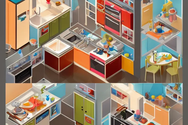 Prompt: cute kitchen, refrigerator, sink, isometric art, bright, artstation, highly detailed