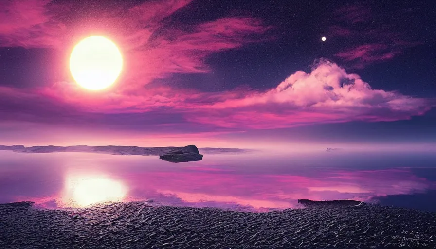 Prompt: solar eclipse in iceland, black sand, pink clouds, blue sky, water reflection, jessica rossier, art station