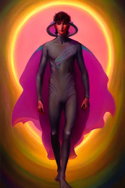 Image similar to male patron saint of 🛸🌈, futuristic clothing, neon god of city character portrait, in the style of moebius, tom bagshaw, and waterhouse, cinematic lighting, beautiful, elegant, oil painting,