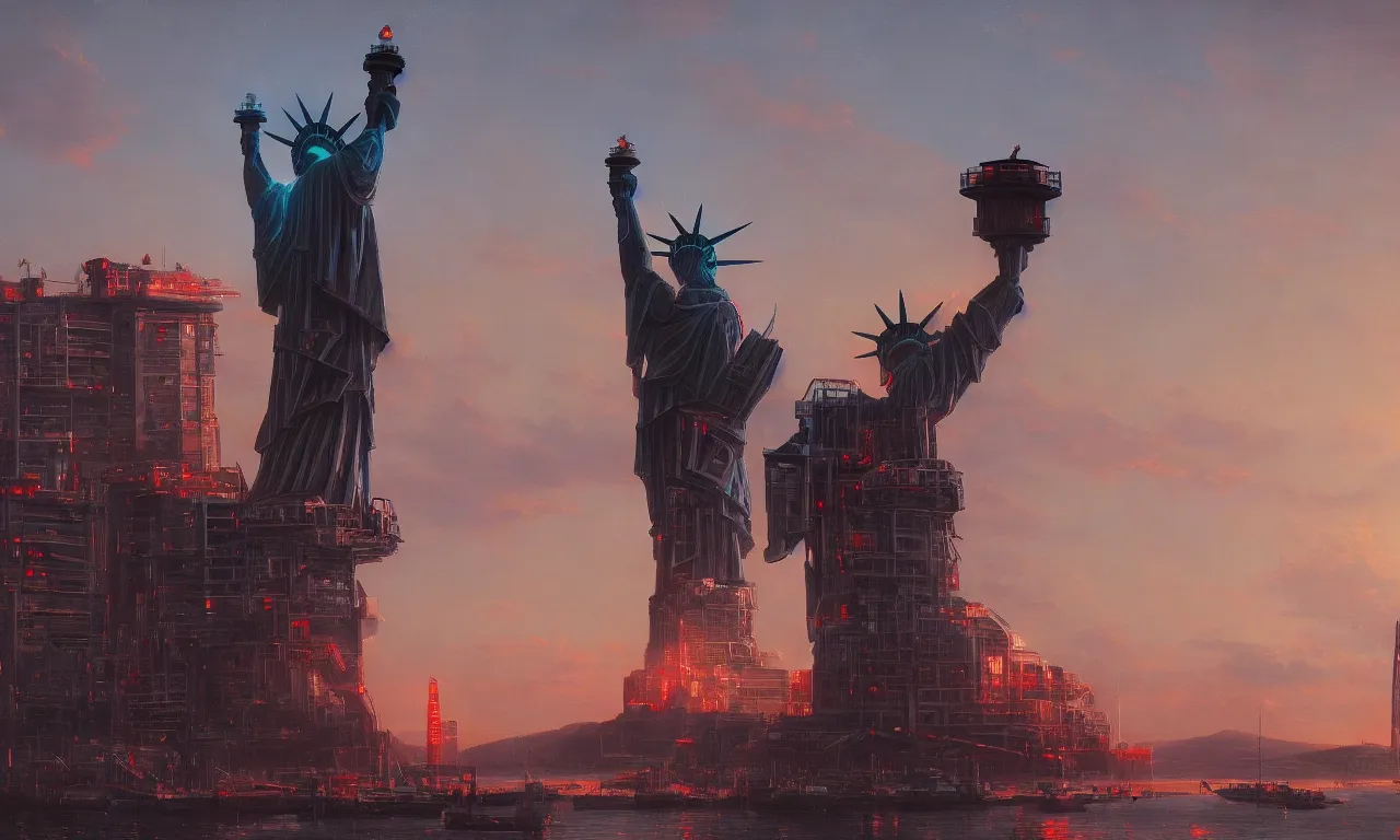 Image similar to giant harbor robot statue of liberty looking over the harbor, by asher brown durand, trending on artstation, 8 k resolution, red lights, cyberpunk, demonic symbols