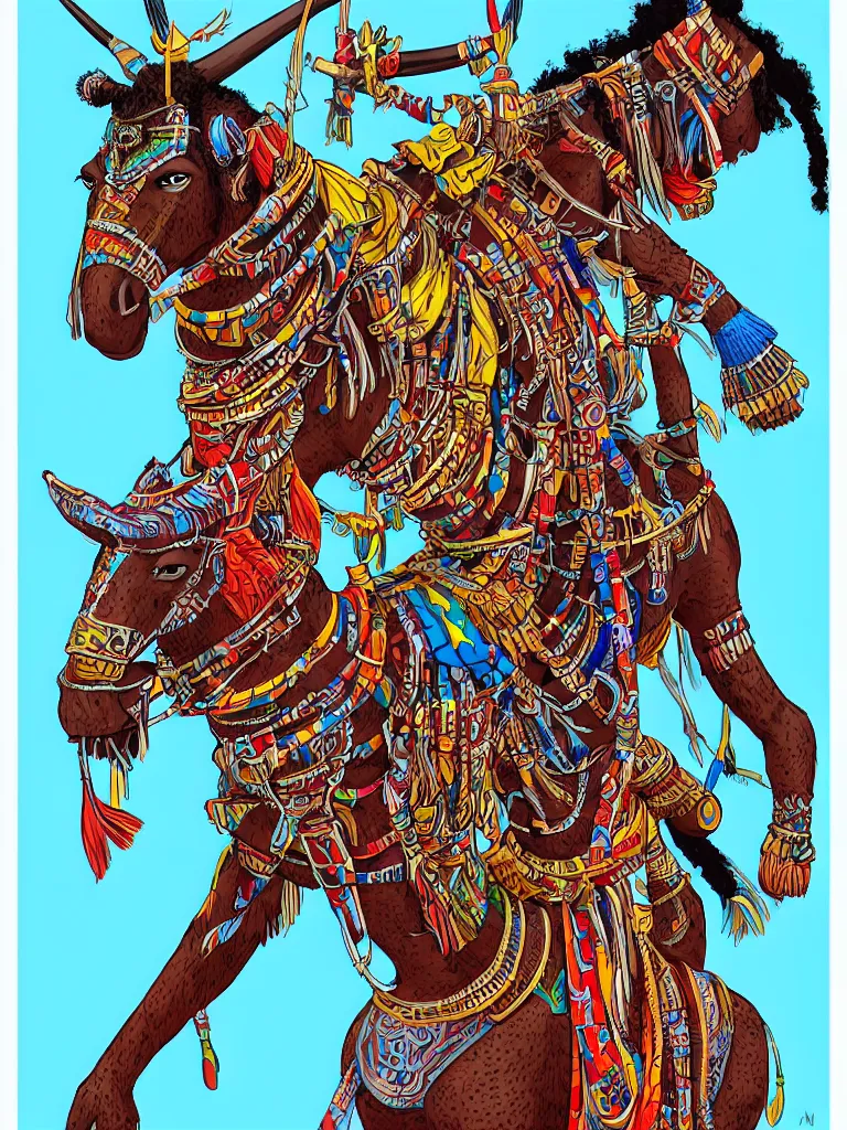 Image similar to full body portrait of african maasai warrior riding a fantasy long neck quadruped with tribal decorations and tattoos by moebius, clean line, colorful comics style, artstation