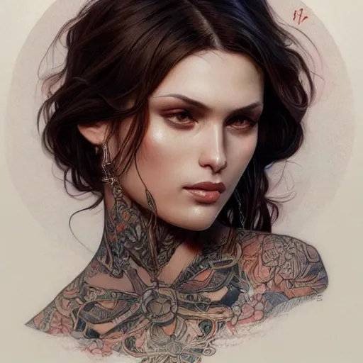 Image similar to ultra realistic illustration, a hot brunette tattooed slavic woman in her late 2 0's, intricate, elegant, highly detailed, digital painting, artstation, concept art, smooth, sharp focus, illustration, art by artgerm and greg rutkowski and alphonse mucha