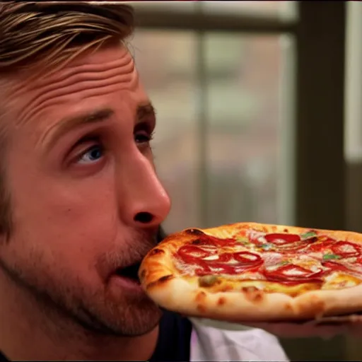 Image similar to ryan gosling burns his tongue on a pizza