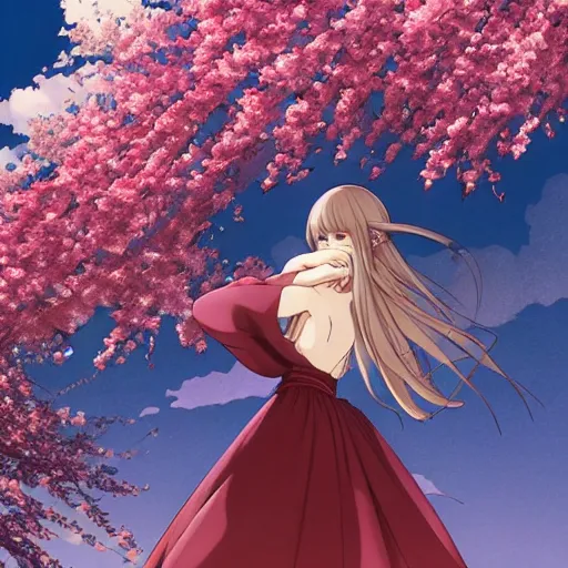 Prompt: a beautiful woman under a sakura tree, last exile, loish, yoshitoshi abe,, yuya nagai, Ilya Kuvshinov, murata range, jean giraud, makoto shinkai, kawaii, sketch, beautiful, dreamy,gradation, vibrant colors, matte print, high saturation, detailed, studio lighting, anime, manga