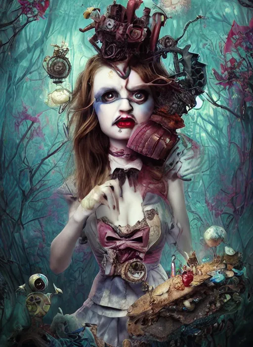 Image similar to alice in wonderland, angry, scary, cheeky, steampunk googles, highly detailed, cinematic, 8 k, by megan duncanson, benjamin lacombe, stanley artgermm, tom bagshaw, craig mullins, carne griffiths, ayami kojima, beksinski, giger, trending on deviantart, hyper detailed, horror, full of colour