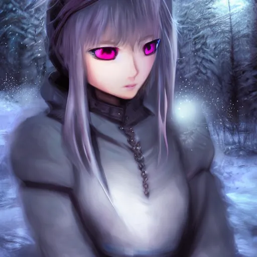 Prompt: focus face portrait of beautiful darkness knight 3D anime girl, ice Armor wearing, dark forest background, snowing, bokeh, inspired by Masami Kurumada, digital painting, high contrast, unreal engine render, volumetric lighting, high détail