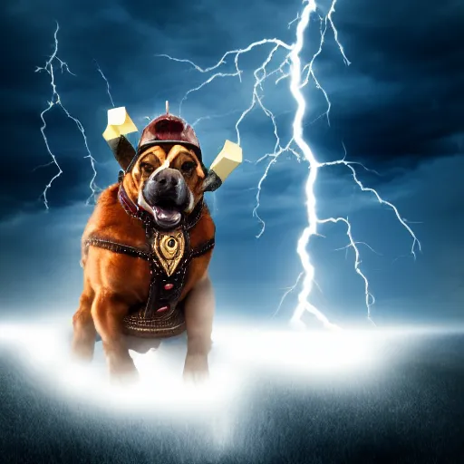 Image similar to a canine thor holding his hammer, dramatic lightning background
