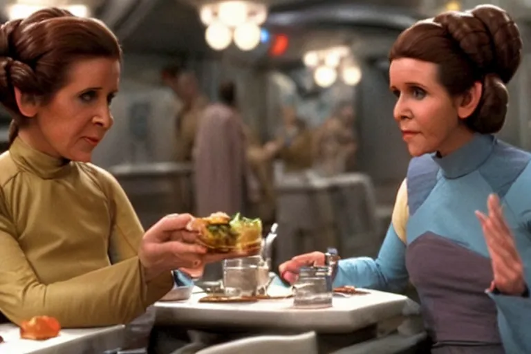 Image similar to princess leia having lunch at quark's bar on deep space nine