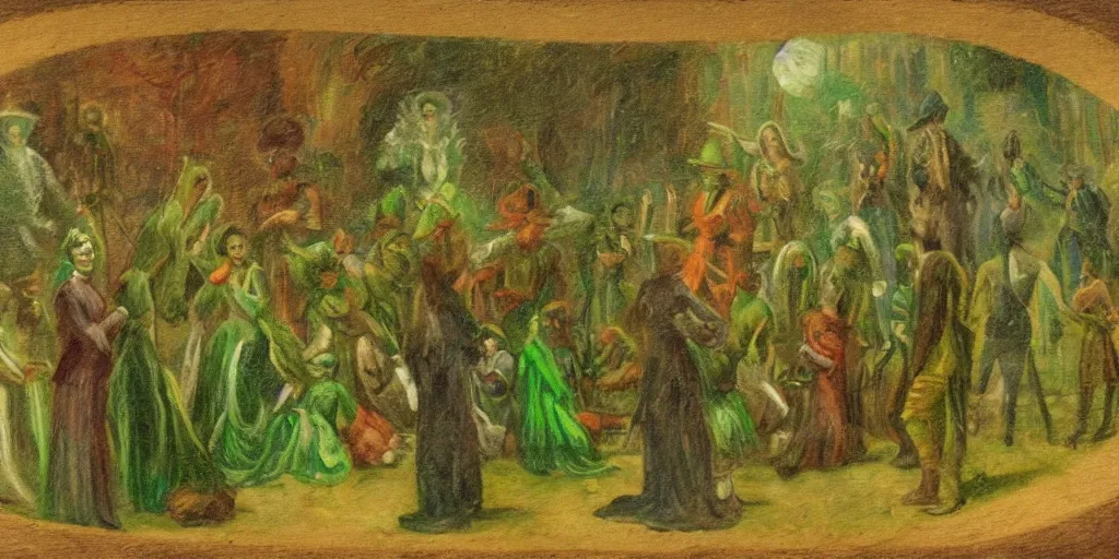 Image similar to tall terrifying green futuristic aliens sitting in a circle. in the victorian era. in the style of an impressionist painting.