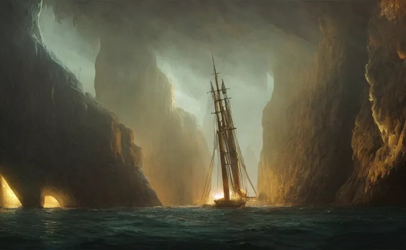 Image similar to A big galleon ship, three masts, front and center, in a cave. Underexposed, dark, pyramidal composition. Atmospheric matte painting by Darek Zabrocki and Christophe Vacher