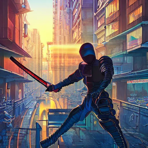Prompt: ninja cyborgs katana duel in cybercity, golden hour, poster by michael whelan and gilbert williams and evgeny lushpin and artgerm and alena aenami, 3 0 mm, highly detailed