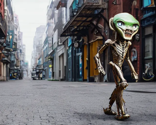 Image similar to a humanoid alien walking along a steampunk city street