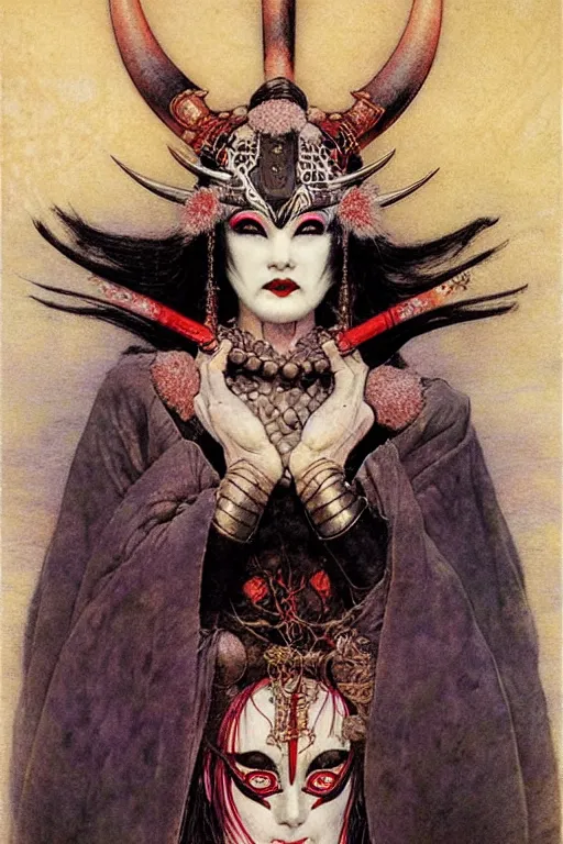 Prompt: kabuki viking priestess by wayne barlowe, gustav moreau, goward,  Gaston Bussiere and roberto ferri, santiago caruso, and austin osman spare, ((((occult art))))