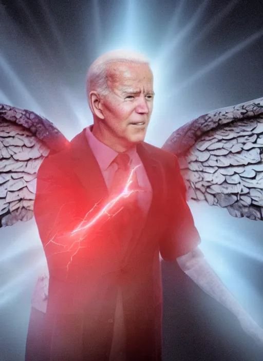 Image similar to hyper realistic ultra realistic biblically accurate angel photo furious glowing red eyes biden, high quality photo, detailed , 8k