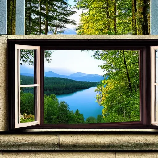 Prompt: window in the middle od the lake, forest and susnet in the background, real photograph