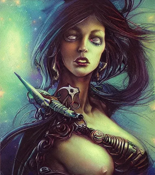 Image similar to portrait of female space pirate, night sky background, beautiful! coherent! by brom, by brian froud, deep color, strong line, high contrast