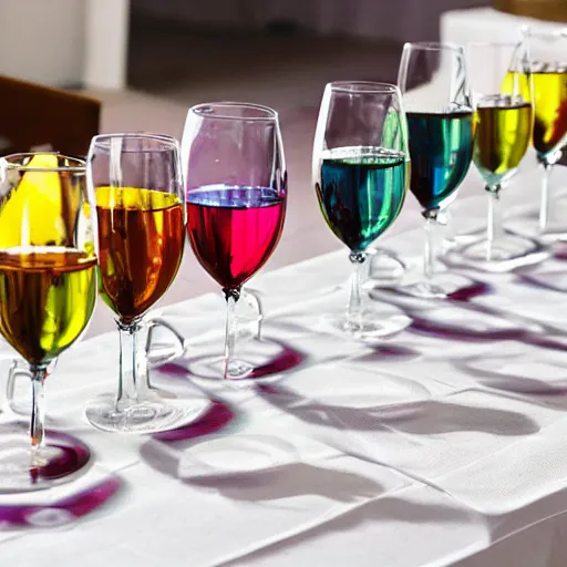 Prompt: photorealistic multi colored wine glasses on white tablecloth