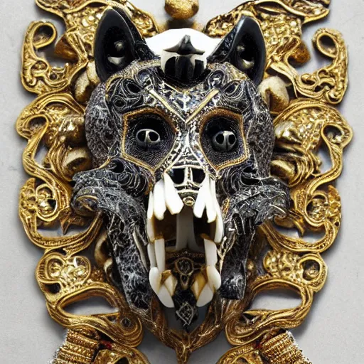 Image similar to wolf skull covered in gold intricate ornaments and jewelry, smoke in the back, chinese ivory sculpture, necroxii style, tarot, extremely high detail, black background