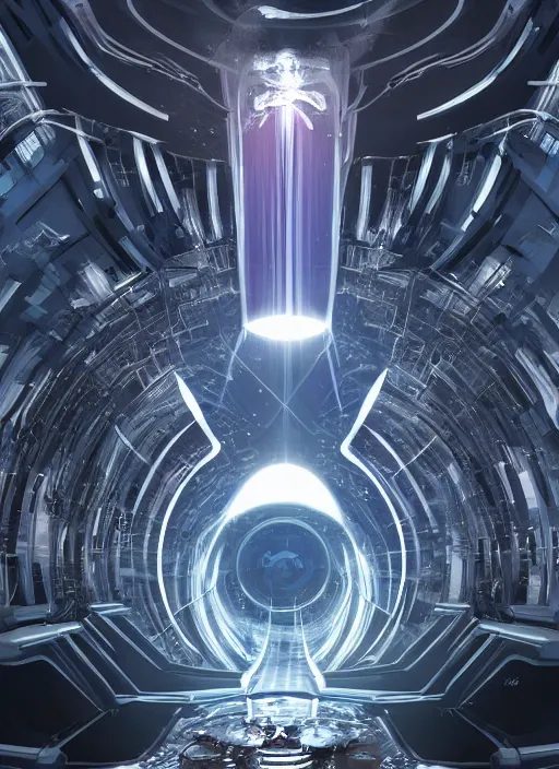 Image similar to the machine universe encounters a living cosmos inside an asymmetric orthogonal non - euclidean upside down inside out world with an infinite cosmic spiral waterfall of living information, futuristic sci - fi concept art, unreal engine