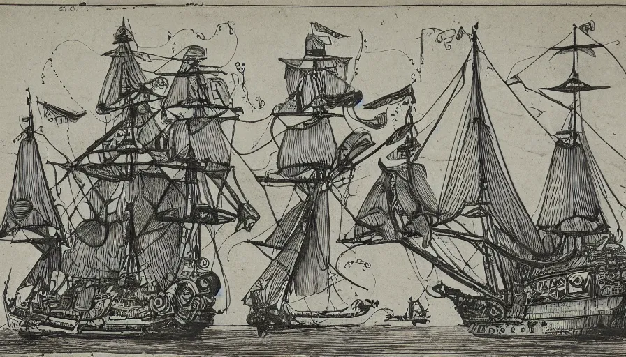 Prompt: encyclopedia drawing of a steampunk squid and ship, manuscript, detailed