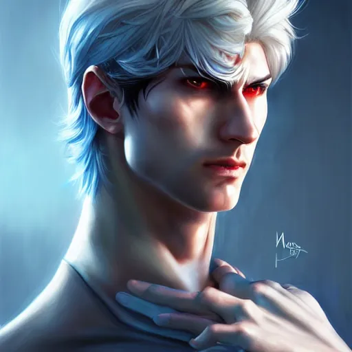 Prompt: portrait of johannes krauser detroit metal city hunter hunter, male, thin pursed lips, sharp jaw light blue hair soft hair swept back medium length hair, anime, fantasy, intricate, elegant, highly detailed, digital painting, artstation sharp focus, hunterpedia madonna art by artgerm and ruan jia and ross tran