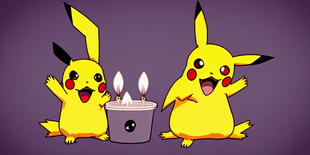 Image similar to pikachu devouring a dog sharp teeth burtal eyes scary mouth dark room red candles trash bin