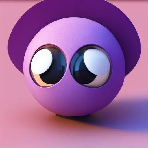 Image similar to photo of a clay model of character with large spherical purple head and tiny eyes with comically tiny body and spindly limbs leans close to the camera, fish eye lens, 4 k, hyper realistic, hyper detailed face, octane render, comedic, cute
