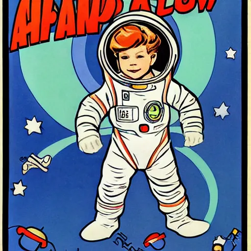 Image similar to a cute little boy with a mischievous face and short ginger hair. he is dressed as an astronaut. well composed, clean elegant painting, beautiful detailed face. comic book art by steve ditko and jack kirby and ( alphonse mucha )