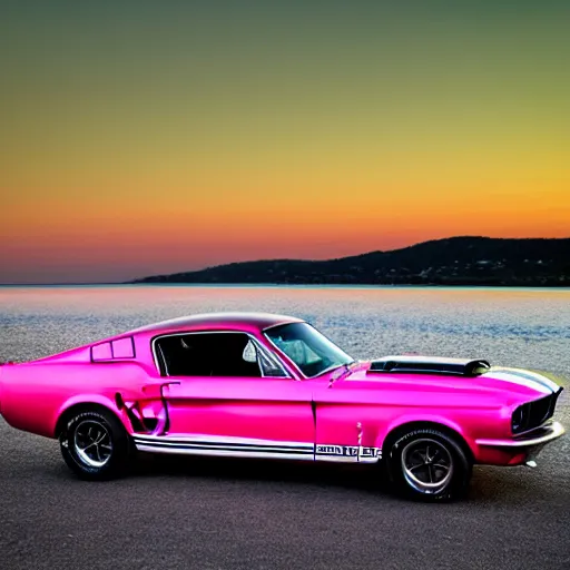 Prompt: long shot of 1967 Ford mustang Shelby GT500 in pink color at sunset in front a beach, 8k, amazing reflection on the car, UHD Photography