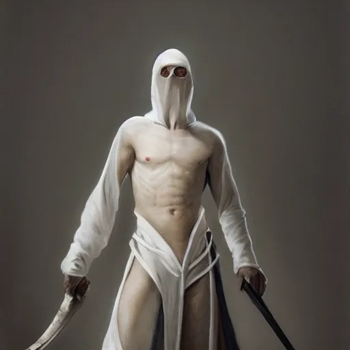 Image similar to fantasy painting of a pale man dressed in robes with a black blade, painted by Zdzlaw Bekinski and Bayard Wu, ultra detailed, 8k