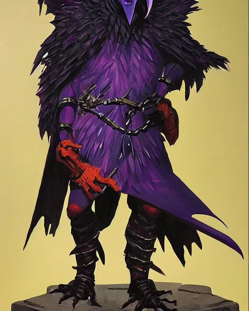 Prompt: dnd kenku person. epic dungeons and dragons armored raven character. oil on canvas featured by keith parkinson 1 9 8 5. cinematic, bending to track. composition. realistic facial features and expression.