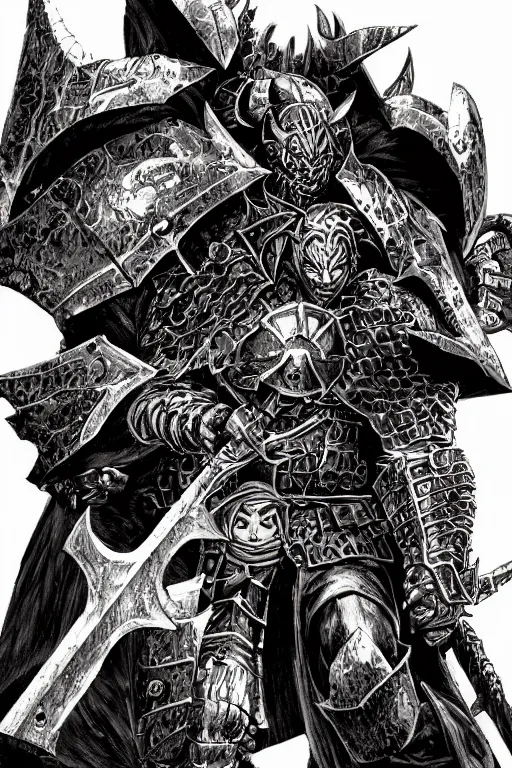 Image similar to chaos warrior, fantasy, warhammer, highly detailed, digital art, sharp focus, trending on art station, kentaro miura manga art style