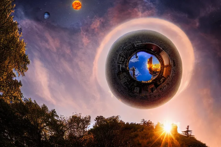 Prompt: a castle above the clouds by toumas korpi, sunset, celestial vortex, mini planets, giant tree - shaped spaceship