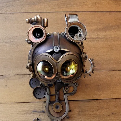 Image similar to steampunk robotic cat head, bronze, gears, on a wooden table