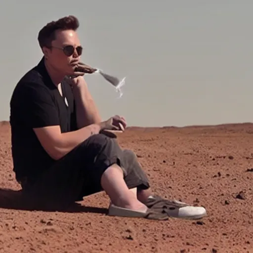 Image similar to elon musk sadly smoking weed while sitting under a tree on mars